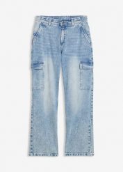 Szerokie dżinsy bojówki mid waist. Niebieskie jeansy dla dziewczynek bonprix, z jeansu. Za 132.99 zł.