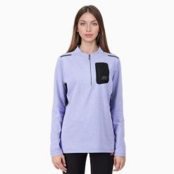 Damska koszulka do biegania z długim rękawem i półzamkiem FOCUS. Fioletowe koszulki sportowe damskie BODYCROSS, bez wzorów, z materiału, bez kołnierzyka, bez ramiączek, do biegania. Za 442.99 zł.