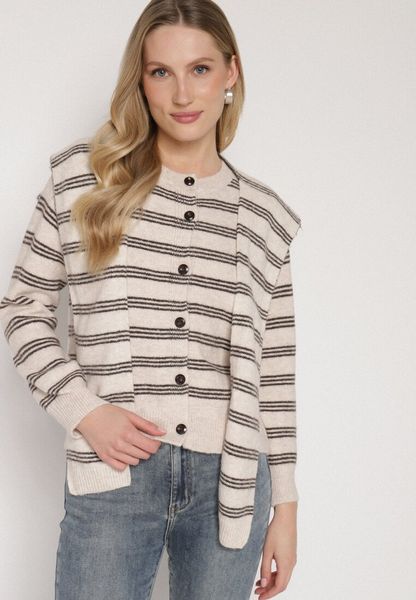 Beżowy Kardigan w Paski z Domieszką Wełny z Dodatkową Narzutką Fedina. Brązowe kardigany damskie Born2be, bez wzorów, z jeansu, eleganckie, długie. Za 119.99 zł.