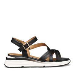 Sandały Geox. Czarne sandały damskie Geox, bez wzorów, bez obcasa, na koturnie, bez zapięcia. Za 419.99 zł.