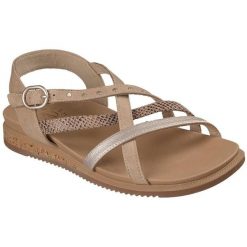 Sandały damskie Skechers Desert Kiss Low Seaside Sli. Brązowe sandały damskie Skechers, bez wzorów, z materiału, bez obcasa, bez zapięcia. Za 390.00 zł.