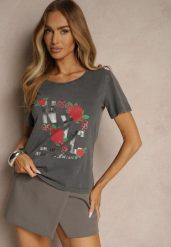 Ciemnoszary Bawełniany T-shirt z Kwiatami i Napisami Savinele. Szare bluzki damskie Renee, l, bez wzorów, z bawełny, klasyczne, bez kołnierzyka. Za 39.99 zł.