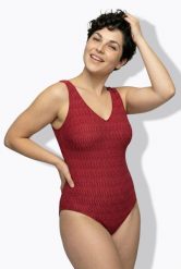Damskie Strój kąpielowy struktura bez miękkich miseczek dekolt w serek. Czerwone kostiumy jednoczęściowe damskie Ulla Popken, plus size, bez wzorów, z elastanu, sportowe, plus size, do pływania. Za 191.99 zł.