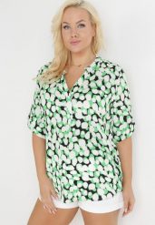 Zielono-Biała Bluzka z Trójkątnym Dekoltem w Fantazyjny Print Anola. Zielone koszule damskie Born2be, xl, bez wzorów, biznesowe, bez kołnierzyka, bez ramiączek. Za 79.99 zł.