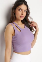 Fioletowy Prążkowany Tank Top Bez Rękawów z Ozdobnym Wycięciem Deriafa. Fioletowe koszule damskie Born2be, na lato, s, bez wzorów, prążkowane, klasyczne, z asymetrycznym kołnierzem, bez ramiączek. Za 34.99 zł.