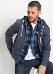 Bluza rozpinana z kapturem, z detalami ze sztucznej skóry. Niebieskie bluzy męskie bonprix, m, bez wzorów, ze skóry, z kapturem. Za 117.99 zł.