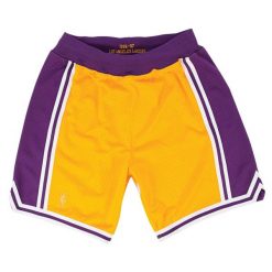 Szorty tekst autentyczny Los Angeles Lakers. Żółte krótkie spodenki sportowe męskie Mitchell & Ness, bez wzorów, do koszykówki. Za 736.50 zł.