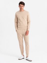 Komplet dresowy męski bawełniany BASIC bluza nierozpinana + joggery – beżowy V6. Brązowe bluzy męskie Ombre Clothing, m, bez wzorów, z bawełny, bez kaptura. W wyprzedaży za 175.49 zł.