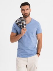 Klasyczna męska bawełniana koszulka z dekoltem w serek BASIC – niebieska V20 OM-TSBS-0237 - XXL. Niebieskie t-shirty męskie Ombre Clothing, l, bez wzorów, z bawełny, klasyczne, bez kołnierzyka. W wyprzedaży za 39.99 zł.