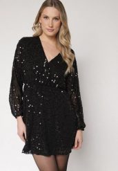 Czarna Cekinowa Sukienka o Rozkloszowanym Kroju z Długimi Rękawami Reira. Czarne sukienki damskie Born2be, na imprezę, m, bez wzorów, z poliesteru, eleganckie, bez kołnierzyka, bez ramiączek, rozkloszowane. Za 169.99 zł.