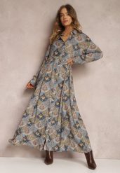 Niebiesko-Zielona Sukienka Koszulowa we Wzór Paisley Zeli. Niebieskie sukienki damskie Renee, na co dzień, l, bez wzorów, eleganckie, bez kołnierzyka, bez ramiączek, maxi, koszulowe. Za 109.99 zł.