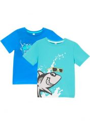 T-shirt chłopięcy z bawełny organicznej (2 szt.). Niebieskie koszule dla chłopców bonprix, bez wzorów, z bawełny, bez kołnierzyka, bez ramiączek. Za 59.99 zł.