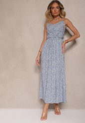 Jasnoniebieska Rozkloszowana Sukienka z Bawełny na Ramiączkach Jenarissea. Niebieskie sukienki damskie Renee, na wesele, l, bez wzorów, z bawełny, eleganckie, bez kołnierzyka, bez ramiączek, maxi, kopertowe. Za 39.99 zł.
