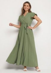 Ciemnozielona Elegancka Sukienka Maxi w Plisy z Kopertowym Dekoltem i Wiązaniem Thessi. Zielone sukienki damskie Born2be, na lato, m, bez wzorów, eleganckie, bez kołnierzyka, bez ramiączek, maxi, kopertowe. Za 74.99 zł.