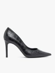 Czarne wysokie szpilki wzór krokodyla. Czarne czółenka damskie Ryłko, bez wzorów, ze skóry, eleganckie, bez obcasa, na szpilce, bez zapięcia. Za 399.99 zł.