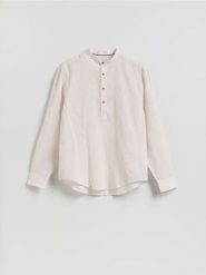 Koszula regular fit z lnem - beżowy. Brązowe koszule męskie Reserved, l, bez wzorów, z bawełny, bez kołnierzyka, bez ramiączek. Za 129.99 zł.