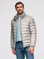 Pikowana męska kurtka z dwoma zapięciami - jasnoszara V2 - Rozmiar: XXL. Szare kurtki męskie Ombre Clothing, m, z aplikacjami, z materiału, eleganckie, bez kaptura. W wyprzedaży za 254.99 zł.
