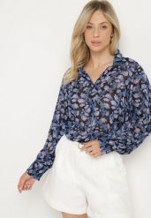 Czarna Koszula w Kwiatowy Print Divocca. Czarne bluzki damskie Born2be, l, bez wzorów, z jeansu, eleganckie, bez kołnierzyka, bez ramiączek. Za 119.99 zł.