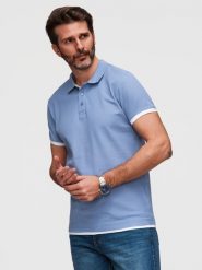 Męska bawełniana koszulka polo z kontrastowym wykończeniem – niebieska V3. Niebieskie koszulki polo męskie Ombre Clothing, m, bez wzorów, z bawełny, klasyczne, bez ramiączek. W wyprzedaży za 129.99 zł.