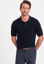 Ombre Męska koszulka polo ze strukturalnej dzianiny - granatowa V2 OM-POSS-0117 XXL. Koszulki polo męskie Ombre, m, bez wzorów, z dzianiny, bez ramiączek. Za 69.99 zł.