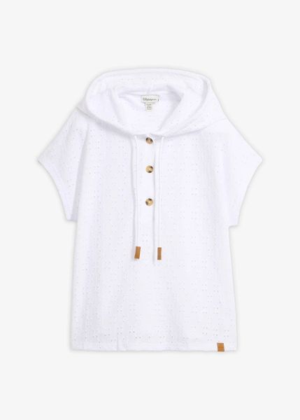 Shirt z dekoltem henley i kapturem. Białe bluzki damskie bonprix, bez wzorów, bez kołnierzyka, bez ramiączek. Za 69.99 zł.
