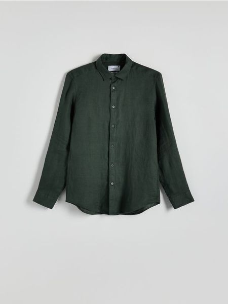Lniana koszula regular fit - jasny zielony. Zielone koszule męskie Reserved, l, bez wzorów, bez kołnierzyka, bez ramiączek. Za 179.99 zł.