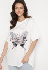 Biały T-shirt Oversize z Bawełny z Nadrukiem z Motylem Nonatira. Białe bluzki damskie Born2be, l, bez wzorów, z bawełny, eleganckie, bez kołnierzyka. Za 49.99 zł.