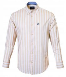 Biała, Lekko Taliowana Koszula Męska - Pako Jeans - Beżowy Prążek. Białe koszule męskie Pako Jeans, l, bez wzorów, z bawełny, casualowe, bez kołnierzyka, bez ramiączek. Za 199.00 zł.