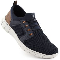Półbuty męskie sportowe komfortowe granatowe Rieker B7796-14. Półbuty na co dzień męskie Rieker, ze skóry ekologicznej, sportowe, bez zapięcia. Za 369.00 zł.