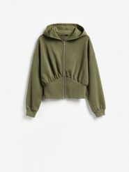 Rozpinana bluza z kapturem - ciemnozielony. Zielone bluzy damskie Reserved, l, bez wzorów, z bawełny, z kapturem. Za 129.99 zł.