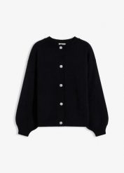 Sweter rozpinany z dekoracyjnymi guzikami. Czarne swetry damskie bonprix, bez wzorów, z dzianiny, bez kołnierzyka, bez ramiączek, długie, bez kaptura. Za 139.99 zł.