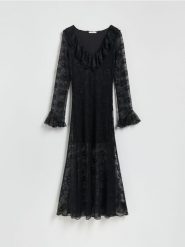 Koronkowa sukienka maxi - czarny. Czarne sukienki damskie Reserved, l, bez wzorów, z dzianiny, bez kołnierzyka, bez ramiączek, maxi, dopasowane. Za 179.99 zł.