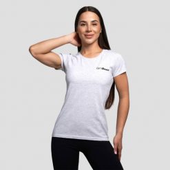 Koszulka damska fitness z krótkim rękawem szara Basic. Szare koszulki sportowe damskie GYMBEAM, l, bez wzorów, z bawełny, bez kołnierzyka, bez ramiączek, na fitness i siłownię. Za 42.90 zł.
