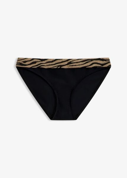 Figi bikini z błyszczącego materiału. Czarne bikini damskie bonprix, bez wzorów. Za 79.99 zł.