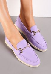 Fioletowe Mokasyny na Płaskiej Podeszwie z Przeszyciami i Ozdobną Klamerką Alenor. Fioletowe mokasyny damskie Renee, eleganckie. Za 44.99 zł.