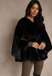 Czarne Futerkowe Ponczo Ozdobione Paskiem Monareva. Czarne swetry damskie Renee, bez wzorów, z jeansu, eleganckie, bez kołnierzyka, bez ramiączek, bez kaptura. Za 269.99 zł.