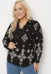 Czarna Koszula z Wiskozy w Etniczny Wzór Avinetia. Czarne bluzki damskie Born2be, xl, bez wzorów, z jeansu, klasyczne, bez kołnierzyka, bez ramiączek. Za 39.99 zł.