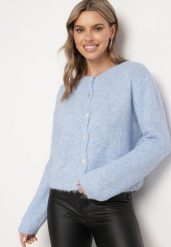 Niebieski Casualowy Kardigan o Klasycznym Kroju Riathiel. Niebieskie kardigany damskie Born2be, uniwersalny, bez wzorów, z jeansu, eleganckie, bez kołnierzyka, bez ramiączek, długie, bez kaptura. Za 169.99 zł.