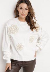 Biały Sweter z Bawełną i Aplikacjami Kwiatów 3D Erosavia. Białe swetry damskie Born2be, uniwersalny, z aplikacjami, z bawełny, eleganckie, bez kołnierzyka, bez ramiączek, bez kaptura. Za 139.99 zł.