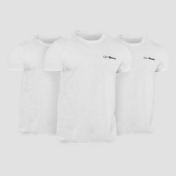 Koszulka męska fitness z krótkim rękawem biała Basic 3Pack. Białe koszulki sportowe męskie GYMBEAM, m, bez wzorów, z bawełny, bez kołnierzyka, bez ramiączek, na fitness i siłownię. Za 102.90 zł.