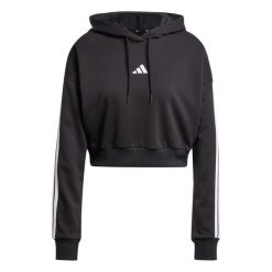 Krótka bluza z kapturem dla kobiet z francuskiej pętlowej bawełny adidas Essenti. Czarne bluzy sportowe damskie Adidas, l, bez wzorów, z bawełny, z kapturem, do biegania. Za 279.60 zł.