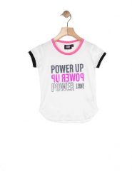Dziewczęcy T-shirt z krótkim rękawem Power Up i kontrastowymi krawędziami. Białe t-shirty i topy dla dziewczynek LEONE 1947 APPAREL, bez wzorów, z bawełny, bez ramiączek. Za 42.06 zł.