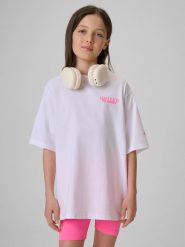 Дівочий T-shirt loose з принтом - білий. T-shirty damskie 4f, bez wzorów, bez kołnierzyka. Za 699.90 zł.