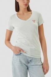 GUESS Miętowy damski t-shirt na krótki rękaw V-Neck Mini Triangle, Rozmiar M. Niebieskie t-shirty damskie Guess, m, z aplikacjami, eleganckie, bez kołnierzyka. W wyprzedaży za 89.99 zł.