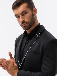 Elegancka marynarka męska z kontrastową lamówką - czarna V3 - Rozmiar: XXL. Czarne marynarki męskie Ombre Clothing, bez wzorów, z bawełny, eleganckie. W wyprzedaży za 99.99 zł.