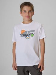 4F T-shirt regular z nadrukiem chłopięcy - biały 122 (6-7 lat). Białe t-shirty dla chłopców 4f, bez wzorów, z bawełny, bez ramiączek. Za 49.99 zł.