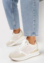 Beżowe Sneakersy na Grubej Podeszwie Zdobione Brokatem i Metaliczną Wstawką Seravi. Brązowe obuwie sportowe damskie Born2be, z aplikacjami. Za 99.99 zł.