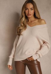 Beżowy Sweter z Dodatkiem Kaszmiru i Trójkątnym Dekoltem Silefera. Brązowe swetry damskie Renee, bez wzorów, z jeansu, casualowe, bez kołnierzyka, bez ramiączek, bez kaptura. Za 99.99 zł.