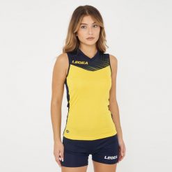 Męska koszulka biegowa Cilento Żółta-Niebieska. Niebieskie koszulki sportowe męskie Legea, m, bez wzorów, z nylonu, bez kołnierzyka, bez ramiączek. Za 120.00 zł.