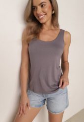 Szary Gładki Top na Szerokich Ramiączkach w Stylu Basic Starbe. Szare bluzki damskie Born2be, l, bez wzorów, z jeansu, biznesowe, bez kołnierzyka, plus size, bez ramiączek. Za 39.99 zł.